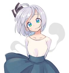  1girl alternate_costume arms_behind_back black_ribbon blue_eyes commentary_request green_skirt hair_ribbon head_tilt highres konpaku_youmu konpaku_youmu_(ghost) long_sleeves looking_at_viewer ribbon shirt short_hair silver_hair simple_background skirt smile solo suguharu86 touhou upper_body white_background white_shirt 