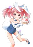  1girl absurdres animal_ears bare_legs birthday_cake blue_footwear blue_leotard bow bowtie breasts bunny_tail bunnysuit cake commentary_request detached_collar elbow_gloves feet_out_of_frame food gloves grin happy_birthday high_heels highres kantai_collection leaning_forward leotard looking_at_viewer pink_hair rabbit_ears red_eyes sazanami_(kantai_collection) short_hair simple_background small_breasts smile solo strapless strapless_leotard tail taisinkoku twintails white_background white_gloves 