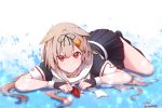  1girl artist_name baileys_(tranquillity650) black_gloves black_legwear black_ribbon black_serafuku black_skirt blonde_hair fingerless_gloves gloves hair_flaps hair_ornament hair_ribbon hairclip highres kantai_collection kneehighs long_hair neckerchief pleated_skirt red_eyes red_neckwear remodel_(kantai_collection) ribbon scarf school_uniform serafuku short_sleeves signature skirt solo twitter_username white_scarf yuudachi_(kantai_collection) 