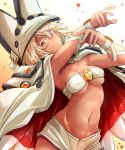  1girl beltbra breasts closed_mouth commentary_request dark_skin guilty_gear guilty_gear_xrd hat highres jacket jacket_on_shoulders kitayama_miuki looking_at_viewer medium_breasts navel ramlethal_valentine short_hair solo under_boob white_hair white_headwear white_jacket yellow_eyes 