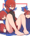  1girl absurdres bare_legs barefoot black_shirt blue_bow bow cloak covered_mouth disembodied_head feet hair_between_eyes hair_bow highres knees_up looking_at_viewer miniskirt red_cloak red_eyes red_skirt redhead sekibanki senzaicha_kasukadoki shirt short_hair simple_background sitting skirt solo toes touhou white_background 