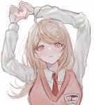  1girl ahoge akamatsu_kaede arms_up bangs blonde_hair blush breasts collared_shirt dangan_ronpa_(series) dangan_ronpa_v3:_killing_harmony grey_shirt hair_ornament heart heart_hands highres large_breasts long_hair long_sleeves musical_note_hair_ornament necktie nokoru_sora parted_lips pink_eyes pink_sweater pink_vest shirt solo sweater sweater_vest upper_body vest 