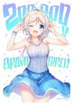  1girl ;d absurdres antenna_hair armpits arms_up artist_name bangs blue_eyes blue_skirt blush breasts character_name collarbone confetti cowboy_shot dennou_shoujo_youtuber_siro eyebrows_visible_through_hair grey_shirt highres large_breasts looking_at_viewer nijihashi_sora one_eye_closed open_mouth parted_bangs plaid plaid_shirt plaid_skirt shiny shiny_hair shirt shoes short_hair silver_hair siro_(dennou_shoujo_youtuber_siro) skirt sleeveless sleeveless_shirt smile solo standing tareme v virtual_youtuber wrist_cuffs 