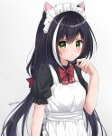  1girl :t alternate_costume animal_ear_fluff animal_ears anz32 apron bangs black_hair blush bow cat_ears closed_mouth enmaided eyebrows_visible_through_hair frilled_apron frills gradient gradient_background grey_background hair_between_eyes hair_bow hand_up karyl_(princess_connect!) long_hair looking_at_viewer low_twintails maid maid_apron maid_headdress pout princess_connect! princess_connect!_re:dive red_bow solo twintails very_long_hair white_apron white_background 