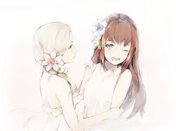  2girls absurdres bare_arms bare_shoulders breasts brown_eyes brown_hair closed_mouth commentary_request dress eye_contact flower green_eyes hair_flower hair_ornament hair_over_shoulder hanagin highres light_smile long_hair looking_at_another medium_breasts multiple_girls one_eye_closed open_mouth original profile sleeveless sleeveless_dress very_long_hair white_background white_dress white_flower 