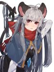 1girl alternate_hair_length alternate_hairstyle animal_ears arm_up black_bow black_skirt black_vest bow capelet commentary_request grey_hair highres jewelry leaning_forward long_hair long_sleeves looking_at_viewer mouse_ears mouse_tail nazrin pendant prat_rat red_eyes red_scarf scarf scarf_bow shirt skirt solo tail tail_bow touhou vest white_background white_shirt 