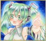  1girl bangs bare_shoulders blush collared_shirt commentary detached_sleeves eyebrows_visible_through_hair graphite_(medium) green_eyes green_hair hair_between_eyes hair_ornament hatsune_miku headphones highres looking_at_viewer marker_(medium) musical_note nekofish666 open_mouth outstretched_arm portrait shiny shiny_hair shirt sidelocks sleeveless sleeveless_shirt solo traditional_media treble_clef twintails vocaloid 