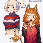  2girls animal_ears bangs black_eyes black_jacket blonde_hair breasts cat_ears cat_girl cat_tail character_name choi_(doubutsu_no_mori) closed_mouth dog_ears doubutsu_no_mori doughnut dual_persona extra_ears eyebrows_visible_through_hair fangs fingernails floppy_ears food hand_up high-waist_skirt holding holding_food jacket jewelry lips long_hair long_sleeves looking_at_viewer medium_breasts multicolored_hair multiple_girls necklace open_clothes open_jacket open_mouth orange_hair personification pink_lips red_shirt shirt short_hair simple_background skirt sleeves_past_wrists smile sprinkles streaked_hair striped striped_shirt striped_tail tail tail_raised turtleneck twitter_username two-tone_hair umikinoko_(umitake) v-shaped_eyebrows vanilla_(doubutsu_no_mori) white_background 