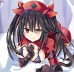  1girl all_fours bangs black_bra black_gloves black_hair blush bra commentary_request date_a_live dress eyebrows_visible_through_hair finger_to_mouth gloves hair_between_eyes hat heterochromia highres lewdkuma looking_at_viewer nurse nurse_cap orange_eyes red_dress red_eyes red_headwear sidelocks signature solo tokisaki_kurumi tongue tongue_out twintails underwear 