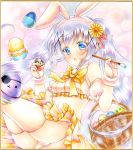  1girl animal_ears bare_shoulders basket blue_eyes blush commentary_request crop_top easter_egg egg eyebrows_visible_through_hair fake_animal_ears flower gochuumon_wa_usagi_desu_ka? graphite_(medium) hair_between_eyes hair_flower hair_ornament hair_ribbon highres holding_brush kafuu_chino looking_at_viewer marker_(medium) navel nekofish666 open_mouth panties rabbit_ears ribbon silver_hair skirt solo thigh-highs traditional_media twintails underwear 