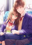  1boy 1girl bag bangs blue_jacket blush bow bowtie breasts brown_hair closed_eyes collared_shirt commentary day green_eyes hair_between_eyes heart heart_print highres jacket long_hair long_sleeves medium_breasts necktie nervous original parted_lips red_neckwear scarf scarf_removed school_uniform shirt sitting sleeping sleeping_upright sweat sweating_profusely train_interior unjem v-shaped_eyebrows 