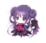  1girl animal bangs black_dress blush chibi closed_mouth double_bun dress eyebrows_visible_through_hair fish full_body long_hair looking_at_viewer mattang original purple_hair red_ribbon ribbon simple_background smile solo twintails very_long_hair violet_eyes white_background 