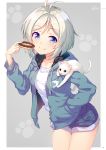  1girl absurdres animal bangs blue_eyes cat dennou_shoujo_youtuber_siro doughnut eyebrows_visible_through_hair food grey_background highres holding looking_at_viewer nijihashi_sora page_number paw_background short_hair simple_background siro_(dennou_shoujo_youtuber_siro) smile virtual_youtuber white_hair 