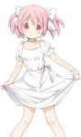  1girl alternate_costume arms_at_sides bare_legs blush breasts choker closed_mouth collarbone dot_nose dress eyebrows_visible_through_hair eyes_visible_through_hair feet_out_of_frame frilled_sleeves frills hair_between_eyes hair_ribbon happy highres jewelry kaname_madoka legs_apart looking_at_viewer mahou_shoujo_madoka_magica pink_eyes pink_hair puffy_short_sleeves puffy_sleeves ribbon ring see-through see-through_sleeves shaded_face shiny shiny_hair short_dress short_sleeves short_twintails sidelocks simple_background skirt_hold small_breasts smile solo standing tsubaki_(tatajd) twintails white_background white_choker white_dress white_neckwear white_ribbon wrist_cuffs 