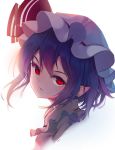 1girl blue_hair bow collar frilled_collar frilled_shirt_collar frills hat hat_ribbon highres kuma-ra looking_at_viewer looking_to_the_side mob_cap pink_shirt pointy_ears portrait purple_hair red_bow red_eyes red_ribbon remilia_scarlet ribbon shirt touhou white_background 