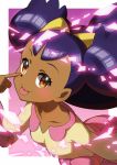  1girl :p absurdres akanbe blush border breasts brown_eyes collarbone commentary_request dark_skin eyelashes from_above gradient gradient_background gym_leader hair_ornament highres iris_(pokemon) long_hair looking_at_viewer looking_up outside_border pink_background pink_collar pink_skirt pokemon pokemon_(game) pokemon_bw purple_background purple_hair shiny shiny_hair shirt skirt smile solo taisa_(lovemokunae) tongue tongue_out two_side_up white_border yellow_shirt 