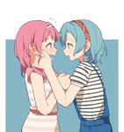 2girls bang_dream! blue_background blue_hair blush clenched_hand coldcat. commentary cowboy_shot dress ear_blush ears embarrassed eye_contact eyebrows_visible_through_hair face-to-face hands_on_another&#039;s_cheeks hands_on_another&#039;s_face headband highres hikawa_hina looking_at_another maruyama_aya medium_hair multiple_girls overalls pink_dress pink_hair profile red_headband short_hair short_sleeves side_braids simple_background striped striped_dress wavy_mouth white_dress white_headband yuri 