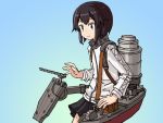  1girl adrian_ferrer black_hair black_skirt blue_background commentary cowboy_shot english_commentary flat_chest gradient gradient_background grey_eyes hayasui_(kantai_collection) jacket kantai_collection machinery miniskirt pleated_skirt short_hair skirt solo standing track_jacket 