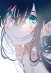 1girl bangs black_hair blue_eyes close-up highres looking_at_viewer miwano_ragu original solo tank_top wet white_background 