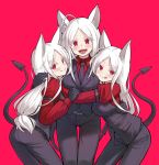  3girls alphy animal_ears ass belt black_belt black_gloves black_pants black_vest cerberus_(helltaker) closed_mouth commentary cowboy_shot demon_girl demon_tail dog_ears dog_girl fang fang_out fangs gloves helltaker highres long_hair looking_at_viewer looking_back multiple_girls necktie open_mouth pants red_background red_eyes red_shirt shirt simple_background smile symbol_commentary tail tongue tongue_out triplets vest white_hair 