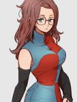  1girl android_21 blue_eyes breasts checkered checkered_dress detached_sleeves dragon_ball dragon_ball_fighterz dress earrings glasses grey_background hoop_earrings jewelry kemachiku long_hair looking_at_viewer medium_breasts redhead simple_background solo 