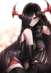  1girl azur_lane bare_shoulders black_hair blush breasts dress eyebrows_visible_through_hair friedrich_der_grosse_(azur_lane) gdat gloves hair_over_one_eye hand_in_hair highres horn_ornament large_breasts long_hair looking_at_viewer mechanical_horns red_gloves red_horns see-through short_dress sleeveless sleeveless_dress solo thigh-highs very_long_hair yellow_eyes 