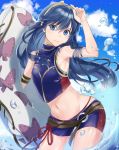  1girl bare_shoulders blonde_hair blue_eyes blue_hair breasts closed_mouth clouds day eyes_visible_through_hair fire_emblem fire_emblem_awakening hairband haru_(nakajou-28) highres long_hair looking_at_viewer lucina lucina_(fire_emblem) midriff navel outdoors shorts sky sleeveless small_breasts solo stomach swimsuit water 