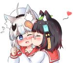  2girls @_@ ahoge animal_ear_fluff animal_ears bailingxiao_jiu bangs beret black_hair blue_eyes blue_hair blush cheek_kiss closed_eyes collarbone eyebrows_visible_through_hair fang flying_sweatdrops fox_ears fox_hair_ornament hat heart kiss long_sleeves multicolored_hair multiple_girls one_eye_closed open_mouth original profile puffy_long_sleeves puffy_sleeves raccoon_ears red_sailor_collar redhead sailor_collar school_uniform serafuku shirt silver_hair simple_background streaked_hair sweat translation_request upper_body white_background white_headwear white_shirt yuri 