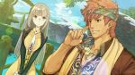  1boy 1girl atelier_(series) atelier_shallie black_jacket blush brown_coat brown_eyes brown_hair coat dress dutch_angle glasses head_scarf hidari_(left_side) jacket jewelry linca_(atelier) long_hair messy_hair necklace necktie official_art outdoors raoul_pireit redhead scarf tan upper_body v_arms water white_neckwear yellow_dress 