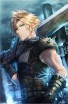  1boy absurdres bangs belt black_belt black_gloves black_shirt blonde_hair blue_eyes blurry blurry_background building buster_sword closed_mouth cloud_strife clouds cloudy_sky commentary depth_of_field earrings english_commentary final_fantasy final_fantasy_vii final_fantasy_vii_remake gauntlets gloves grey_sky highres holding holding_sword holding_weapon iria_(yumeirokingyo) jewelry light_particles male_focus overcast pauldrons shirt short_hair shoulder_armor sky sleeveless sleeveless_shirt solo spiky_hair sword weapon 