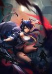  1girl action arknights black_gloves black_shorts blue_hair blue_jacket blurry breasts ch&#039;en_(arknights) chinese_commentary closed_mouth collared_shirt cowboy_shot depth_of_field dragon_horns dragon_tail dual_wielding feng_you gloves gun holding holding_sword holding_weapon horns jacket knee_pads long_hair looking_at_viewer medium_breasts midriff name_tag navel necktie open_clothes open_jacket outdoors shin_guards shirt short_shorts shorts single_glove sleeveless sleeveless_shirt solo sword tail thighs twintails violet_eyes weapon white_shirt wing_collar yellow_neckwear 