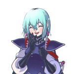  1girl aqua_hair armor black_gloves blue_hair closed_eyes earrings elbow_gloves gloves grandia grandia_i hair_between_eyes happy jewelry laughing leen_(grandia) mimimimiguchan open_mouth pink_earrings puffy_sleeves short_hair shoulder_pads solo upper_body wet wet_hair white_background 