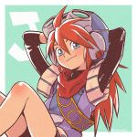  1boy aqua_background arms_behind_head artist_name blue_eyes blue_headwear closed_mouth goggles goggles_on_head grandia grandia_i hair_between_eyes hat justin_(grandia) letter long_hair looking_at_viewer mimimimiguchan red_scarf redhead scarf simple_background smile solo 
