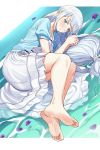  1girl afloat bangs bare_legs barefoot blue_eyes blue_jacket blush commentary_request full_body hair_ornament hairclip highres idolmaster idolmaster_million_live! idolmaster_million_live!_theater_days jacket light_blue_hair liu_chi_tiantang_fr long_hair looking_at_viewer low-tied_long_hair lying on_side parted_lips shiraishi_tsumugi silver_hair solo toes 