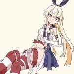  1girl alakoala black_hairband black_panties blonde_hair crop_top crossed_legs elbow_gloves gloves grey_eyes hairband highleg highleg_panties highres kantai_collection long_hair miniskirt navel panties pleated_skirt sailor_collar school_uniform serafuku shimakaze_(kantai_collection) skirt solo striped striped_legwear thigh-highs underwear white_gloves 