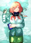  1girl arm_under_breasts bangs black_legwear blue_cardigan blue_sweater breasts brown_hair cardigan cellphone closed_eyes closed_mouth commentary_request dress_shirt go-toubun_no_hanayome green_skirt hair_between_eyes headphones headphones_around_neck highres holding holding_phone large_breasts long_hair lying mojyu_saico nakano_miku on_back pantyhose partially_submerged phone pleated_skirt shirt skirt smartphone smile sweater water wet white_shirt 