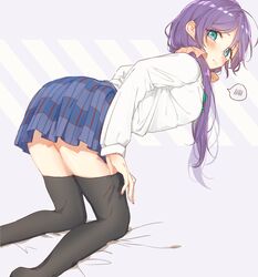  1girl aqua_eyes azuma_(no488888) black_legwear blush breasts embarrassed highres long_hair long_sleeves looking_at_viewer looking_back love_live! love_live!_school_idol_project medium_breasts otonokizaka_school_uniform purple_hair school_uniform shirt skirt solo spoken_blush thigh-highs toujou_nozomi twintails white_shirt 