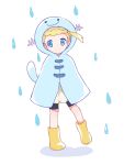  1girl bike_shorts black_shorts blonde_hair blue_eyes boots commentary_request cosplay eureka_(pokemon) full_body gen_2_pokemon hood mei_(maysroom) no_socks pokemon pokemon_(anime) pokemon_tail pokemon_xy_(anime) rain raincoat short_hair shorts side_ponytail simple_background skirt smile solo standing water_drop white_background white_skirt wooper wooper_(cosplay) yellow_footwear 