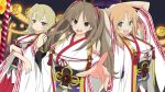  3girls :d ahoge armpits bangs bare_shoulders blonde_hair blush breasts brown_eyes brown_hair collarbone double_bun earrings green_eyes hair_between_eyes hair_ornament hairclip hakama hanabi_(senran_kagura) highres japanese_clothes jewelry kafuru_(senran_kagura) large_breasts long_hair long_sleeves looking_at_viewer low_twintails medium_breasts miko multiple_girls night official_art open_mouth orange_hair red_hakama renka_(senran_kagura) ribbon senran_kagura short_hair skirt smile twintails violet_eyes wide_sleeves yaegashi_nan 