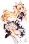  1girl alternate_costume animal_ears ass black_dress black_footwear blonde_hair blush cat_ears chiachun0621 commentary_request curtsey dress enmaided ereshkigal_(fate/grand_order) fate/grand_order fate_(series) full_body highres long_hair long_sleeves looking_at_viewer looking_back maid maid_headdress open_mouth red_eyes signature simple_background skirt_hold smile solo standing standing_on_one_leg two_side_up white_background 
