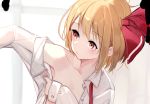  1girl armpits blonde_hair closed_mouth collared_shirt flat_chest hair_ribbon homo_1121 long_sleeves necktie open_clothes open_shirt red_eyes red_neckwear red_ribbon ribbon rumia shirt short_hair solo touhou undressing upper_body white_shirt wing_collar 