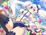  1girl balloon banner blue_skirt blue_sky blush breasts circus clouds cloudy_sky day dutch_angle eyepatch ferris_wheel frilled_skirt frills hair_ornament hand_on_head hat heart highres large_breasts long_hair looking_at_viewer navel official_art outdoors outstretched_arm polka_dot red_eyes senran_kagura senran_kagura_new_link shuriken skirt sky smile solo sunlight thigh-highs twintails white_hair yaegashi_nan yagyuu_(senran_kagura) 