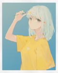  1girl absurdres arm_up bangs blue_background breasts daisy earrings flower flower_earrings grey_background grey_eyes hair_between_eyes heart highres holding holding_flower jewelry kisei2 long_hair looking_at_viewer original shirt short_sleeves silver_hair small_breasts solo two-tone_background upper_body white_flower wide_sleeves yellow_flower yellow_shirt 