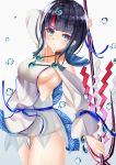  1girl arm_behind_head arm_up bangs bare_shoulders black_hair blue_eyes blue_ribbon blush breasts collarbone dress fate/grand_order fate/requiem fate_(series) fundoshi gradient gradient_background highres japanese_clothes jewelry large_breasts long_sleeves looking_at_viewer magatama magatama_hair_ornament medium_hair mitsu336 multicolored_hair necklace open_mouth pelvic_curtain pink_hair polearm puffy_long_sleeves puffy_sleeves ribbon short_dress sideboob sideless_outfit spear streaked_hair thighs utsumi_erise water_drop weapon white_dress 