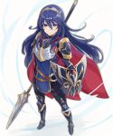  1girl blue_eyes blue_hair breastplate cape closed_mouth fire_emblem fire_emblem_awakening fire_emblem_heroes full_body haru_(nakajou-28) highres holding holding_shield long_hair lucina lucina_(fire_emblem) polearm shield simple_background solo tiara weapon white_background 