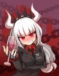  1girl alcohol arm_under_breasts bangs black_neckwear blunt_bangs blush breast_lift collared_shirt cup demon_girl demon_horns drinking_glass eyebrows_visible_through_hair full-face_blush grin helltaker holding holding_cup horns long_hair looking_at_viewer mole mole_under_eye necktie parted_lips red_eyes red_shirt shirt smile solarisu solo teeth tiara white_hair wine 