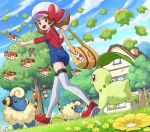  1girl :d aipom bag blue_overalls blush bow brown_eyes brown_hair building chikorita clouds day dunsparce eyelashes flower from_below from_side gen_2_pokemon grass hat hat_bow highres holding holding_bag kotone_(pokemon) ledyba looking_down mareep open_mouth outdoors outstretched_arm overalls pointing pokemoa pokemon pokemon_(creature) pokemon_(game) pokemon_hgss red_bow red_footwear shoes skiploom sky smile starter_pokemon sudowoodo thigh-highs tongue tree twintails walking white_headwear white_legwear yellow_bag 