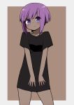  1girl :3 absurdres bangs black_shirt blush breasts brown_background closed_mouth dark_skin eyebrows_visible_through_hair fate/prototype fate/prototype:_fragments_of_blue_and_silver fate_(series) grey_background hassan_of_serenity_(fate) highres i.u.y purple_hair shirt short_sleeves small_breasts solo two-tone_background violet_eyes 