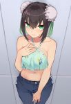  1girl bangs bare_shoulders black_hair black_pants blush breasts bun_cover closed_mouth collarbone contemporary double_bun fate/grand_order fate_(series) green_eyes green_ribbon gyukaku400 hair_between_eyes hair_ribbon halter_top halterneck hand_on_own_chest highres large_breasts long_hair looking_at_viewer navel pants qin_liangyu_(fate) ribbon sidelocks thighs 