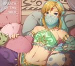  1boy alternate_costume bare_shoulders blonde_hair blue_eyes collarbone crossdressinging detached_sleeves english_text gerudo_link haru_(nakajou-28) link looking_at_viewer male_focus mask midriff mouth_veil navel otoko_no_ko pillow see-through sitting solo stomach the_legend_of_zelda the_legend_of_zelda:_breath_of_the_wild veil 